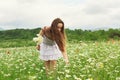 Kid girl picking flowers on the meadow