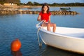 Kid girl pretending to be sailor in boat bow at Formentera Royalty Free Stock Photo