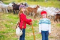 Kid girl shepherdess sisters happy with flock of sheep and stick