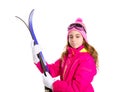 Kid girl ski with snow equipment goggles and winter hat Royalty Free Stock Photo