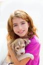 Kid girl smiling puppy dog and teeth braces Royalty Free Stock Photo