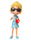 Kid girl with Sunglass and soft drink popcorn