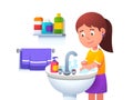 Kid girl washing hands at washbowl sink basin