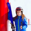 Kid girl winter snow with ski equipment Royalty Free Stock Photo