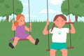 Kid girls ride swing in playground or summer nature garden, children play game together