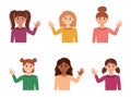 Kid girls waving their hands hello, bye. Children waving in greeting, goodbye. Vector illustration Royalty Free Stock Photo