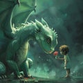 a kid giving a rose to a big green dragon, Sant Jordi