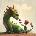 a kid giving a rose to a big green dragon, Sant Jordi