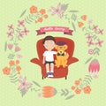 Kid with golden retriever dog on the sofa with intage flower wreath Royalty Free Stock Photo