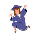 Kid in graduation gown, cap. Cute school girl, student graduating with diploma, jumping from joy. Happy elementary child Royalty Free Stock Photo