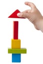 Kid Hand Building Multicolor High Tower Bricks Isolated Royalty Free Stock Photo