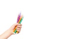 Kid hand hold color felt pen with hand, isolated on white background. copy space template