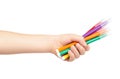 Kid hand hold color felt pen with hand, isolated on white background Royalty Free Stock Photo