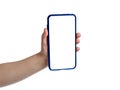 Kid hand holding blue smartphone with white screen for your text.