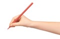 Kid hand holding color pencil, writing and drawing gesture Royalty Free Stock Photo