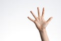 Kid hand showing and pointing up with fingers number five on white wall background Royalty Free Stock Photo