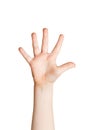 Kid hand shows number five on white background Royalty Free Stock Photo