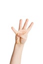 Kid hand shows number four on white background Royalty Free Stock Photo