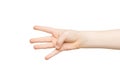 Kid hand shows number four on white background Royalty Free Stock Photo