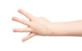 Kid hand shows number four on white background Royalty Free Stock Photo