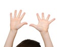 Kid hand shows number ten on white background Royalty Free Stock Photo