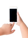 Kid hand touch on mobile smart phone with blank screen. Royalty Free Stock Photo