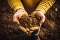 Kid hands holding poor soil, poor soil quality agricultural and environmental crisis. generative ai