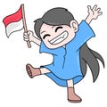 Kid is happy carrying the Indonesian flag celebrating independence day, doodle icon image kawaii