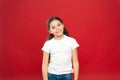 Kid happy cute face feels excited red background. Exciting moments. Excitement emotion. Sincere excitement. Kid girl Royalty Free Stock Photo