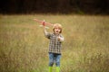 Kid having fun with toy airplane in field. Little boy with wooden plane, boy wants to become pilot and astronaut. Happy Royalty Free Stock Photo