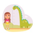 Kid height measure chart for kindergarten or home vector illustration. Cartoon girl wanting to grow to height of tall