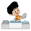 Kid help their parents wash dishes.