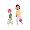 Kid helping his mother carry shopping bags. Polite boy and young woman. Child with good manners. Flat vector design