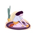 Kid helping parents with home cleaning, little girl washing and cleaning carpet and floor. Vector illustration cartoon Royalty Free Stock Photo