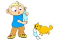 Kid and his cat holding a masker vector