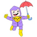 Kid with his pet cat playing in the rain, doodle icon image kawaii Royalty Free Stock Photo