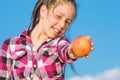 Kid hold ripe apple sunny day. Healthy nutrition concept. Child eat ripe apple fall harvest. Fruit vitamin nutrition for Royalty Free Stock Photo