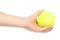 Kid hold tennis ball in hand, isolated on white background Royalty Free Stock Photo