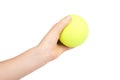 Kid hold tennis ball in hand, isolated on white background Royalty Free Stock Photo