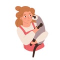 Kid holding furry ferret in hand. Happy smiling child with polecat. Pet owner with cute animal. Colored flat vector