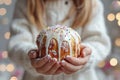 Kid holding in hands Easter cake Kulich decorated with white dripping icing and colored sprinkles. Blurred background