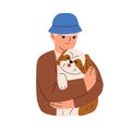 Kid holding, hugging cute dog. Child and puppy friends portrait. Boy, pet owner and home canine animal, doggy companion