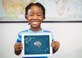 Kid holding tablet grey brain and white space doodles against dark blue background Royalty Free Stock Photo