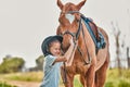 Kid, horse and smile in nature with love, adventure and care with animal, bonding together and relax on farm. Ranch, kid