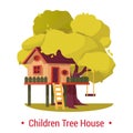 Kid house or home on tree with ladder and seesaw or swing. Royalty Free Stock Photo