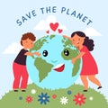 Kid hug planet. Baby hold globe together, cartoon kids with earth concept. Protect environmental and eco green life Royalty Free Stock Photo