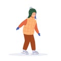 Kid ice skating, winter sport activity, flat vector illustration isolated on white background. Young boy in warm clothes on Royalty Free Stock Photo