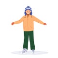 Kid ice skating, winter sport activity, flat vector illustration isolated on white background. Young boy in warm clothes, weekend Royalty Free Stock Photo