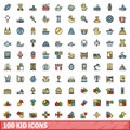 100 kid icons set, color line style