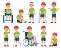 Kid with injury. Boy bruised hand, broke leg and arm. Injuries head, sport injuries and wheelchair vector cartoon